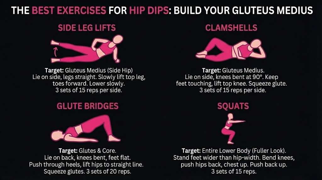 Infographic detailing four exercises to build the gluteus medius for hip dips: Side Leg Lifts, Clamshells, Glute Bridges, and Squats, with instructions and repetition recommendations.