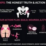A visual guide showing the causes of hip dips and a workout plan to build the gluteus medius, including side leg lifts, clamshells, glute bridges, and squats.