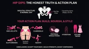 A visual guide showing the causes of hip dips and a workout plan to build the gluteus medius, including side leg lifts, clamshells, glute bridges, and squats.