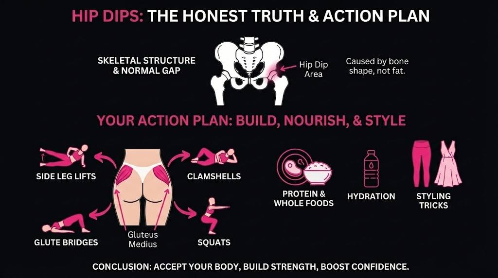 A visual guide showing the causes of hip dips and a workout plan to build the gluteus medius, including side leg lifts, clamshells, glute bridges, and squats.