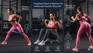 Professional fitness infographic showing gluteus medius and maximus exercises to transform V-shaped glutes into a rounded shape, featuring nutrition and recovery tips.