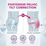 Diagram illustrating posterior pelvic tilt correction versus neutral spine alignment to fix a flat back. The illustration compares a tucked pelvis to a neutral pelvis using a water bowl analogy and includes icons for three corrective exercises: Hamstring Stretch, Hip Flexor Lift, and Cat-Cow Flow.