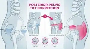 Diagram illustrating posterior pelvic tilt correction versus neutral spine alignment to fix a flat back. The illustration compares a tucked pelvis to a neutral pelvis using a water bowl analogy and includes icons for three corrective exercises: Hamstring Stretch, Hip Flexor Lift, and Cat-Cow Flow.