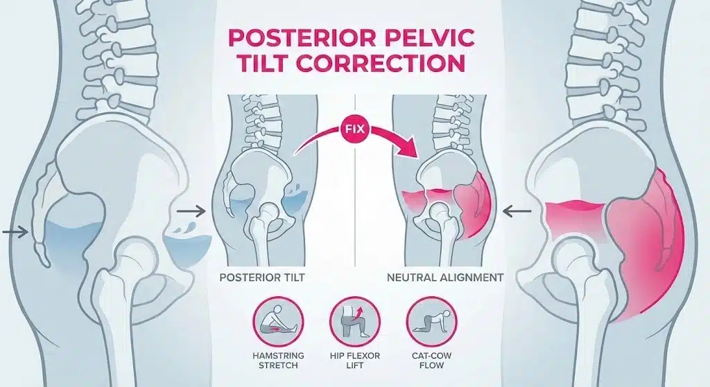 Diagram illustrating posterior pelvic tilt correction versus neutral spine alignment to fix a flat back. The illustration compares a tucked pelvis to a neutral pelvis using a water bowl analogy and includes icons for three corrective exercises: Hamstring Stretch, Hip Flexor Lift, and Cat-Cow Flow.