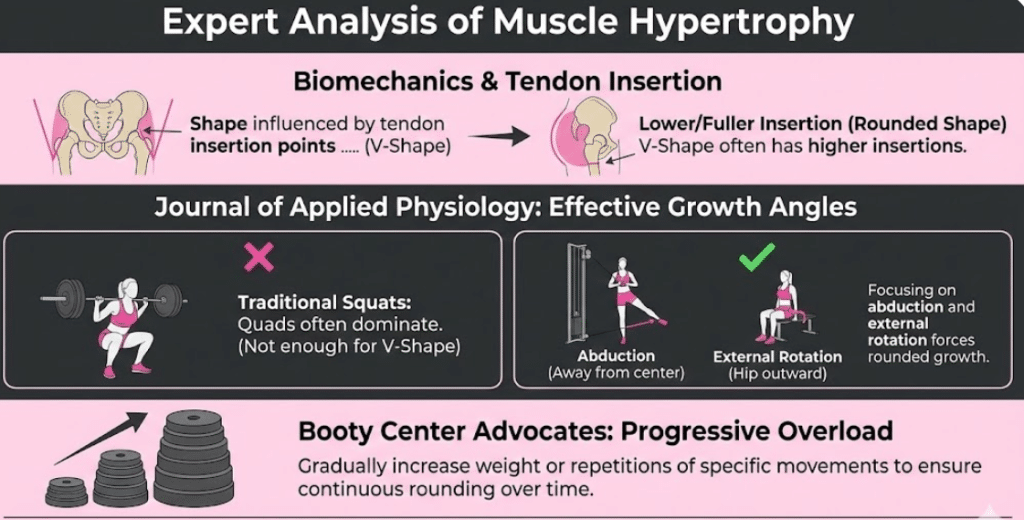 Infographic by Booty Center explaining the science behind transforming V-shaped glutes. It details how tendon insertions influence glute shape, recommends abduction and external rotation exercises for lateral growth over traditional squats, and advises on progressive overload for continuous rounding.
