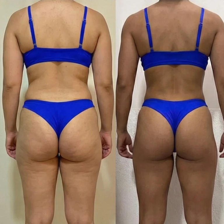 Side-by-side back view photos of a woman wearing a blue bikini, comparing earlier and later images with visible changes in muscle tone and skin texture.