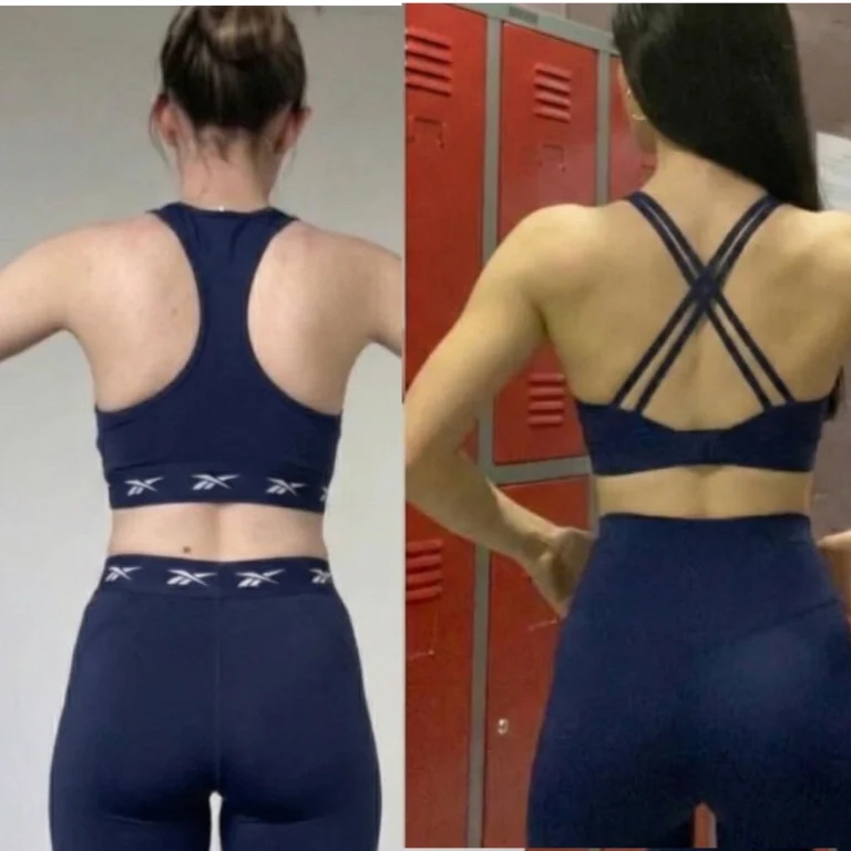 Side-by-side back view images of a woman wearing navy workout clothing, comparing earlier and later photos with visible differences in muscle tone and posture.