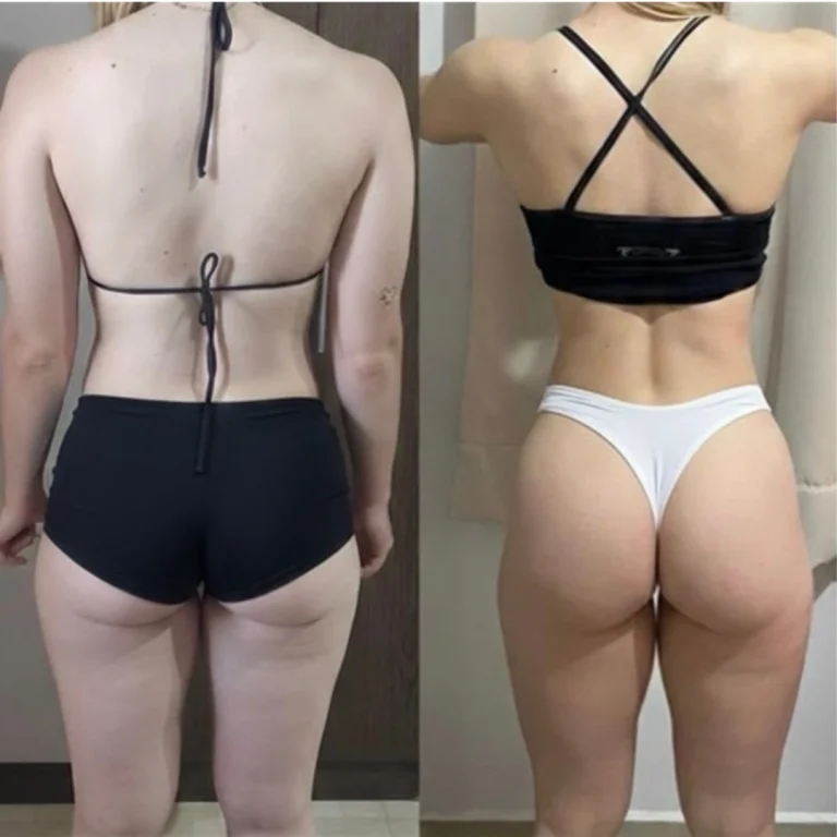 Side-by-side back view images of a woman wearing dark shorts and a bikini top in the first photo and a black sports bra with white bottoms in the second, highlighting changes in muscle tone and body contour.