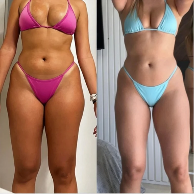 Side-by-side front-view images of a woman wearing pink and light blue bikinis, comparing earlier and later photos with visible changes in body composition and waist definition.