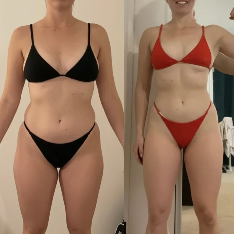 Side-by-side front-facing photos of a woman wearing black and red bikinis, comparing earlier and later images with visible differences in waist definition and overall body contour.