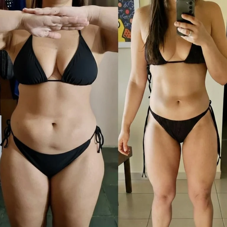 Side-by-side front-facing photos of a woman wearing a black bikini, comparing earlier and later images with visible differences in waist definition and overall body contour.