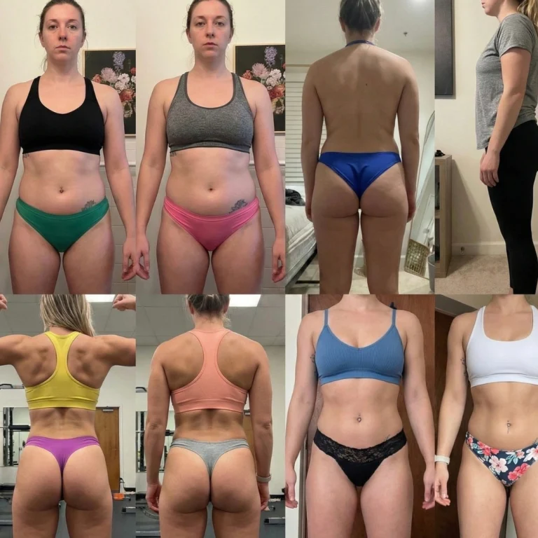 Collage of front, back, and side body photos of a woman in sports bras and underwear, comparing earlier and later physique images in different indoor settings.