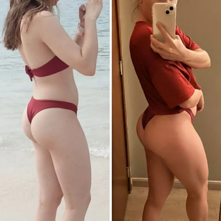 Side-by-side side-view photos of a woman wearing a burgundy bikini at the beach and later indoors with a red top, highlighting changes in body contour and muscle tone.