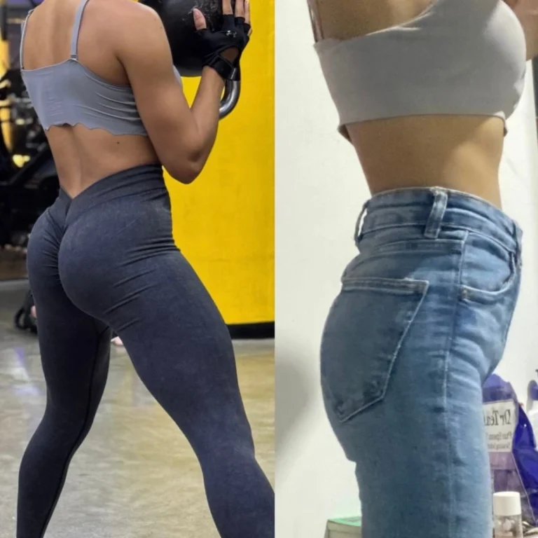 Side-by-side images of a woman’s lower back, hips, and legs; one taken in a gym wearing leggings and a sports bra, and the other at home wearing jeans and a cropped top.