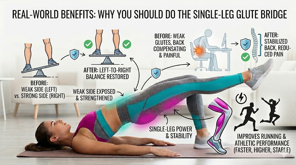 Infographic illustrating the real-world benefits of the single-leg glute bridge, showing how it restores left-to-right muscle balance, relieves lower back pain from sitting, and improves running and athletic performance.