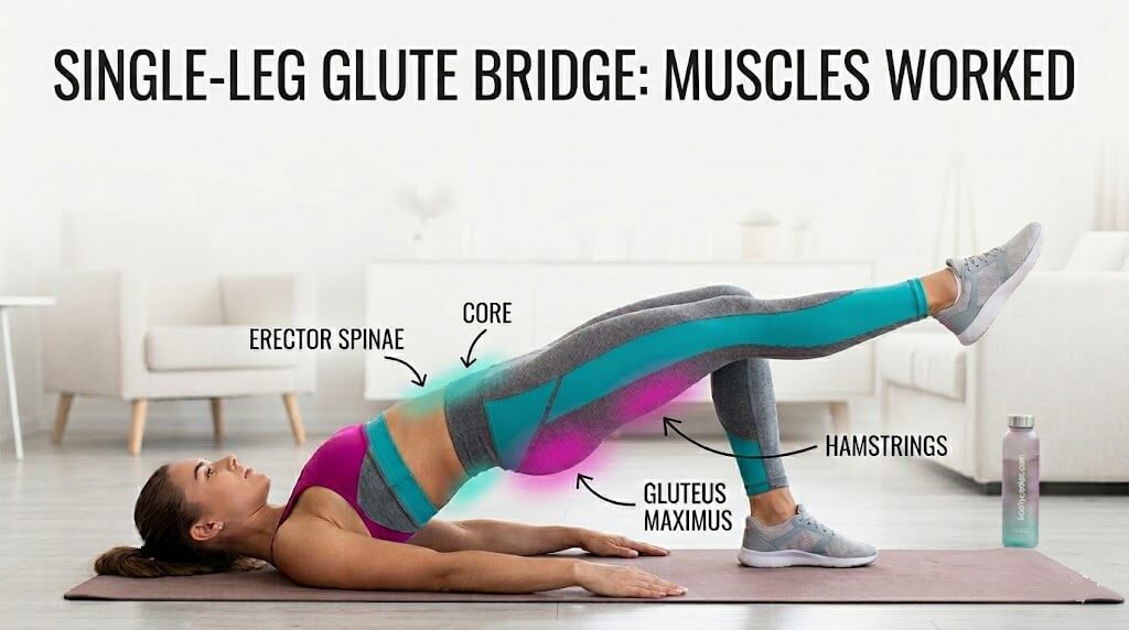 Diagram showing the single-leg glute bridge muscles worked, including the gluteus maximus, hamstrings, core, and erector spinae.