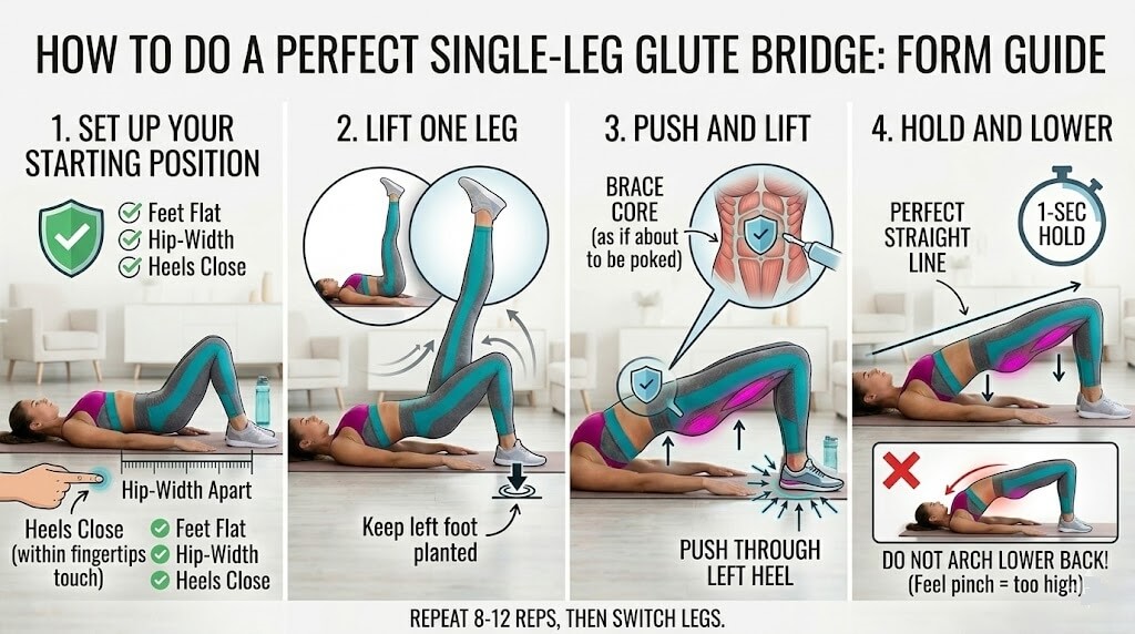 Step-by-step visual guide demonstrating how to do a perfect single-leg glute bridge with proper form, including the starting setup, lifting one leg, pushing through the heel, and maintaining a straight line without arching the lower back.