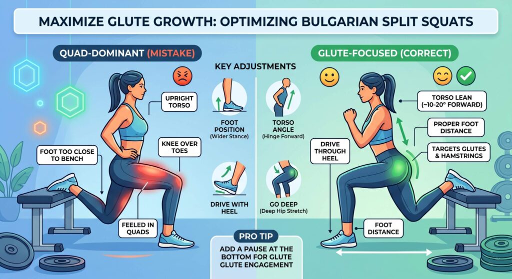 A side-by-side infographic comparing quad-dominant and glute-focused Bulgarian split squats. It highlights key adjustments for glute growth, including stepping the front foot further forward, leaning the torso slightly forward, driving through the heel, and getting a deep stretch.
