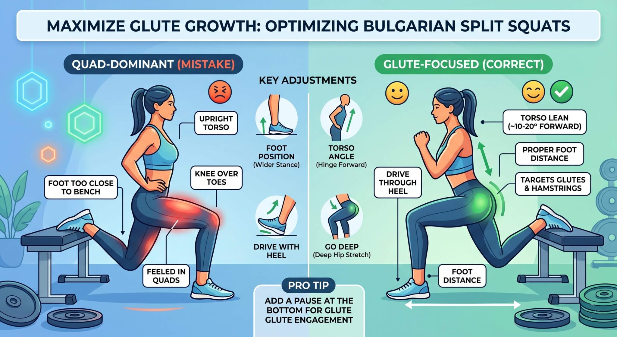 A side-by-side infographic comparing quad-dominant and glute-focused Bulgarian split squats. It highlights key adjustments for glute growth, including stepping the front foot further forward, leaning the torso slightly forward, driving through the heel, and getting a deep stretch.