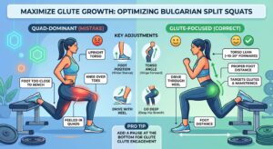 A side-by-side infographic comparing quad-dominant and glute-focused Bulgarian split squats. It highlights key adjustments for glute growth, including stepping the front foot further forward, leaning the torso slightly forward, driving through the heel, and getting a deep stretch.