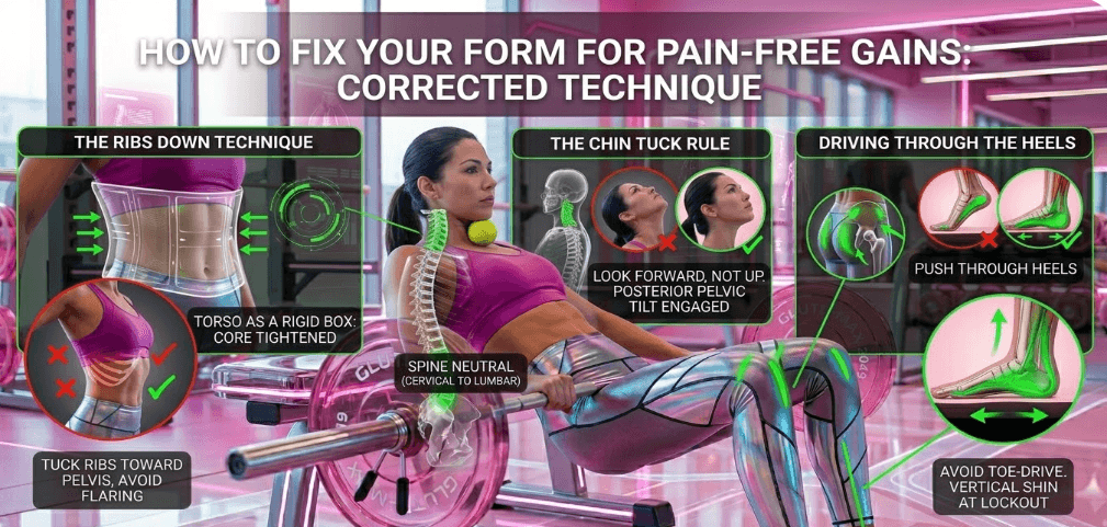 A visual fitness infographic in a neon-pink gym showing correct barbell hip thrust form with three anatomical panels for the 'Ribs Down Technique', 'The Chin Tuck Rule', and 'Driving Through the Heels