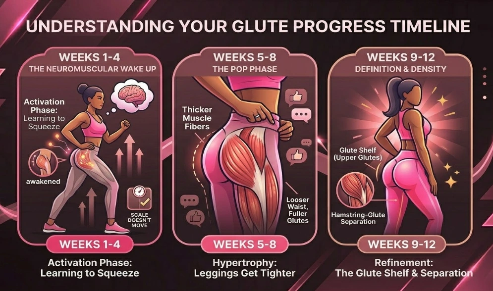 A 12-week glute transformation timeline infographic in pink tones showing the three phases of progress: neuromuscular activation (Weeks 1-4), muscle hypertrophy (Weeks 5-8), and shape refinement with glute shelf definition (Weeks 9-12).