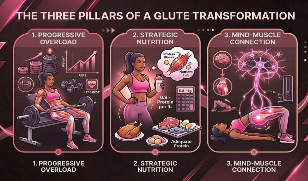 An infographic illustrating the three pillars of a glute transformation: progressive overload with weights, strategic nutrition with protein, and mind-muscle connection.