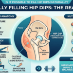Infographic explaining how to reduce hip dips naturally with exercises, nutrition, and anatomy
