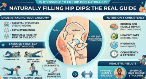 Infographic explaining how to reduce hip dips naturally with exercises, nutrition, and anatomy