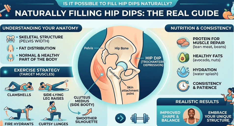 Infographic explaining how to reduce hip dips naturally with exercises, nutrition, and anatomy