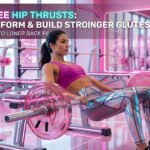 A woman performing a hip thrust with perfect form in a modern, neon-pink aesthetic gym, featuring high-tech holographic displays and metallic fitness gear