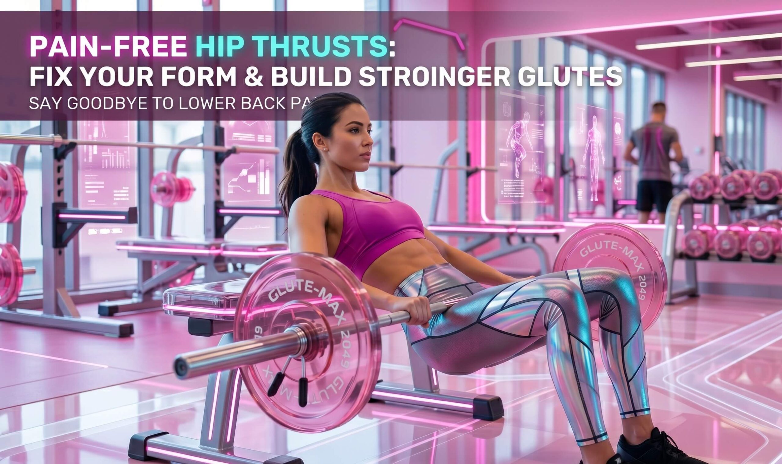 A woman performing a hip thrust with perfect form in a modern, neon-pink aesthetic gym, featuring high-tech holographic displays and metallic fitness gear