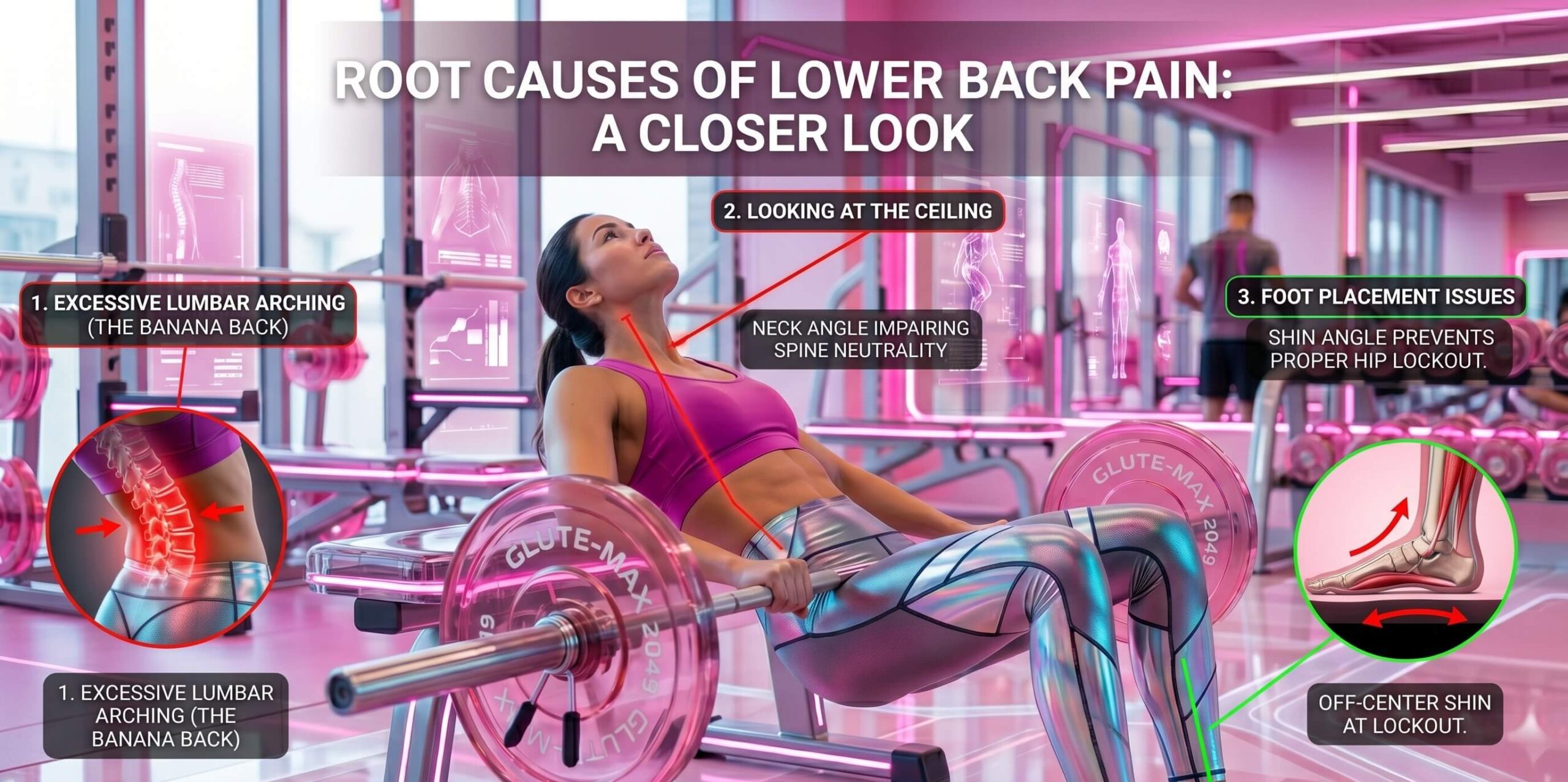 An anatomical and instructional fitness infographic in a pink modern gym showing a woman performing a hip thrust incorrectly, with callouts for lumbar arching, improper neck angle looking at the ceiling, and incorrect foot placement.