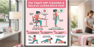 Infographic showing how to fix tight hip flexors and relieve lower back pain, featuring the kneeling hip stretch, Spiderman stretch, and glute bridge with a pink professional design.