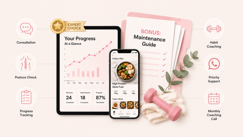 Fitness progress report with app interface and meal plan visuals