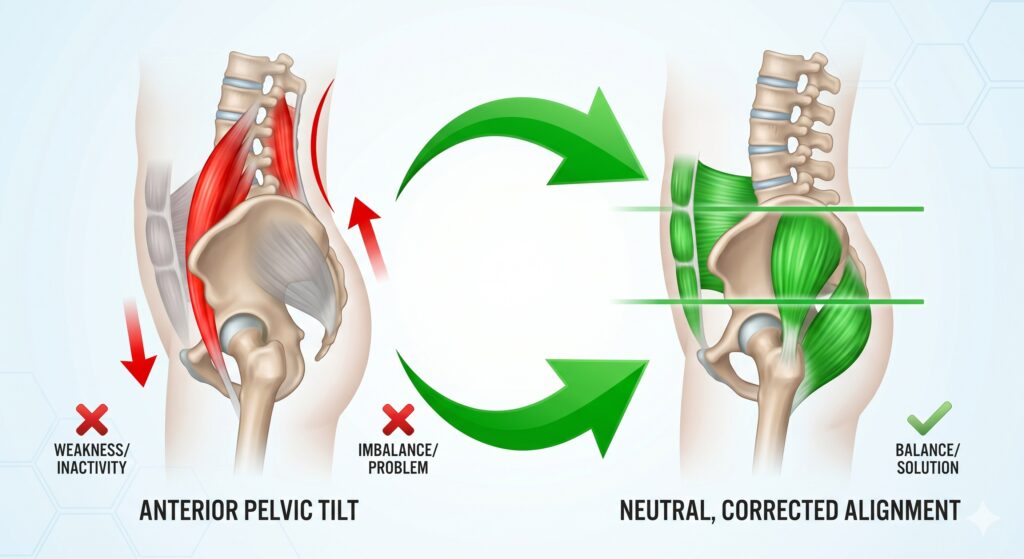 Medical infographic showing the comparison between anterior pelvic tilt with muscle imbalance and a neutral corrected pelvic alignment in pink accents.
