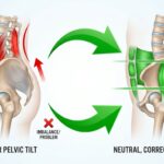 Medical infographic showing the comparison between anterior pelvic tilt with muscle imbalance and a neutral corrected pelvic alignment in pink accents.