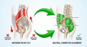 Medical infographic showing the comparison between anterior pelvic tilt with muscle imbalance and a neutral corrected pelvic alignment in pink accents.