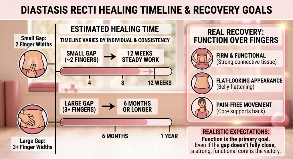 An infographic chart outlining the diastasis recti healing timeline, showing small gaps closing in 12 weeks and larger gaps taking 6 months or longer, with a focus on functional recovery.
