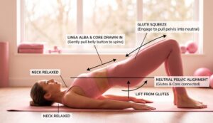 A woman performing a glute bridge exercise on a pink yoga mat in a bright, sunlit room, focusing on postpartum core and pelvic alignment.
