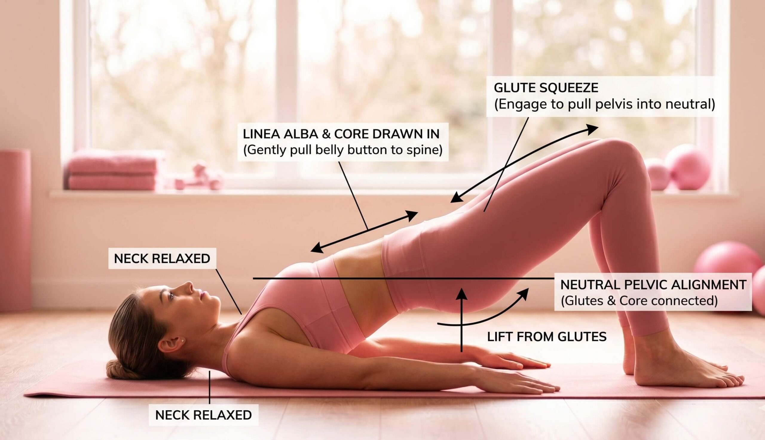 A woman performing a glute bridge exercise on a pink yoga mat in a bright, sunlit room, focusing on postpartum core and pelvic alignment.