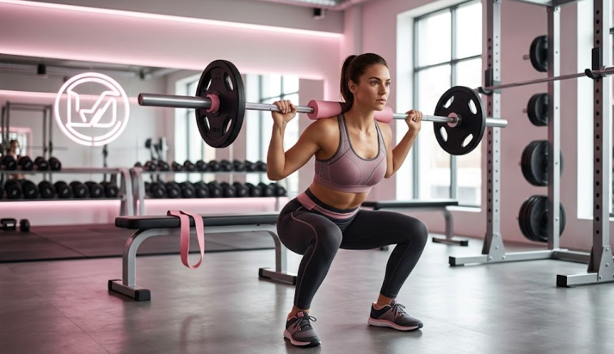 A female athlete performing a proper barbell back squat in a modern, pink-accented gym, demonstrating correct form to prevent hip pain.