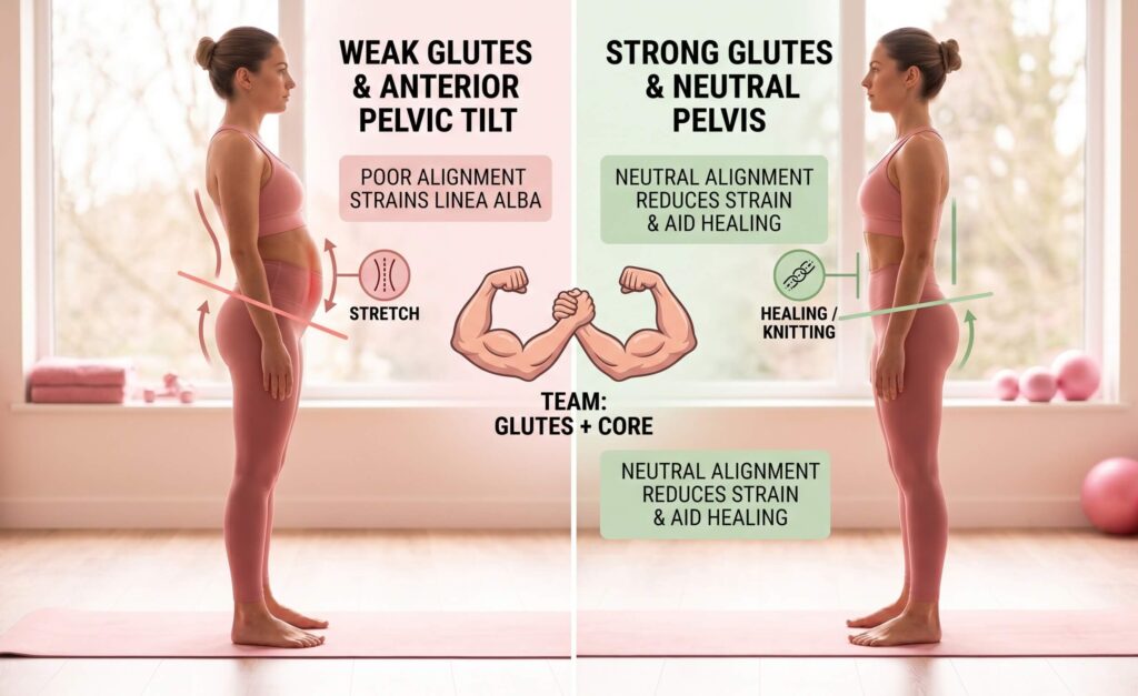 A side-by-side infographic comparing weak glutes causing anterior pelvic tilt and abdominal stretching versus strong glutes creating a neutral pelvis to aid diastasis recti healing.
