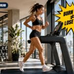 A fit woman running on a treadmill in a gym, with a graphic overlay that says "Burn Fat ≠ Lose Fat" illustrating the concept of Burning Fat vs. Losing Fat.