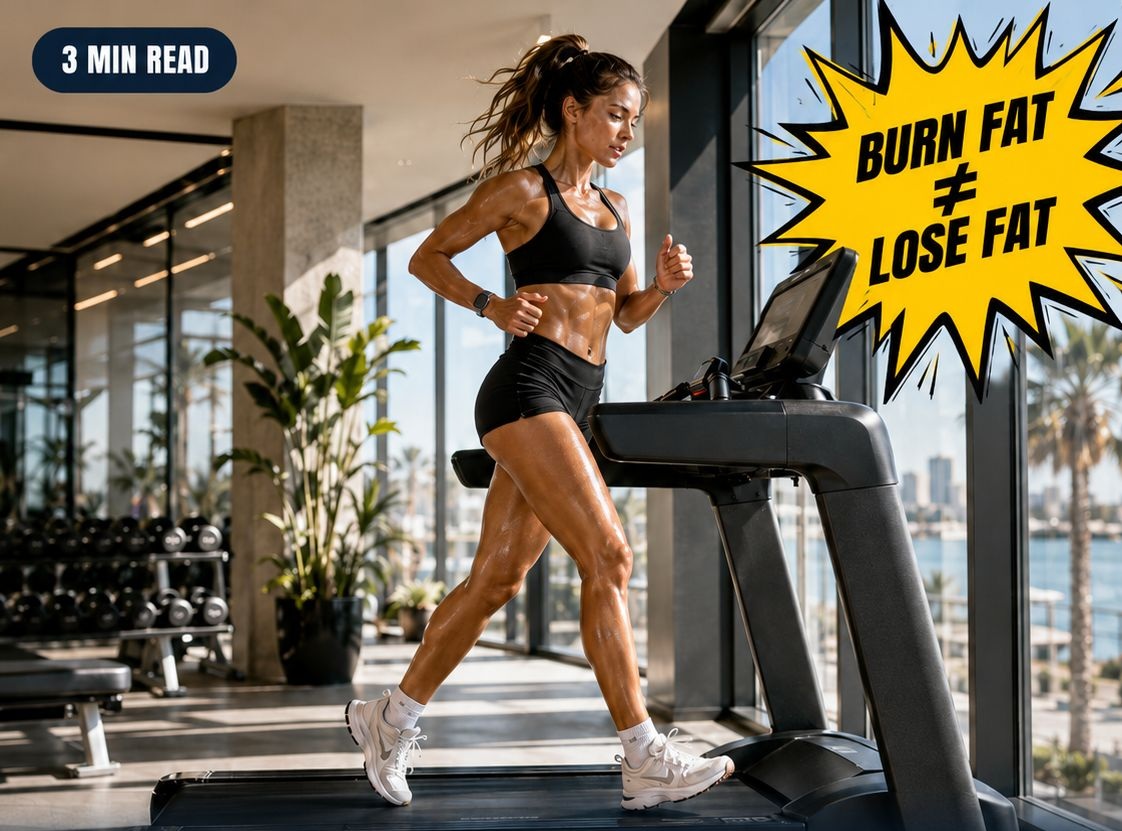 A fit woman running on a treadmill in a gym, with a graphic overlay that says "Burn Fat ≠ Lose Fat" illustrating the concept of Burning Fat vs. Losing Fat.