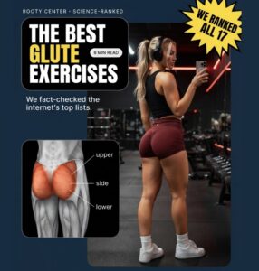 A graphic titled "The Best Glute Exercises (Science-Ranked) - 8 Min Read" showing a fitness model in maroon shorts at the gym alongside an anatomical diagram pointing out the upper, side, and lower gluteal muscles, with a starburst reading We ranked all 17.