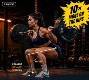 A woman performing a barbell squat with an overlay showing a vertical shin angle between 80 to 90 degrees and text reading 10 times more load on the hips.