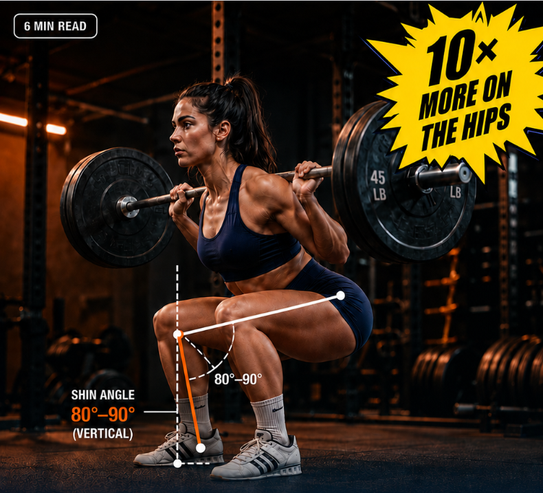 A woman performing a barbell squat with an overlay showing a vertical shin angle between 80 to 90 degrees and text reading 10 times more load on the hips.