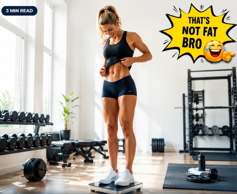 An athletic woman standing on a bathroom scale in a gym setting, looking down at her toned abs, with a graphic bubble that reads "That's not fat bro."